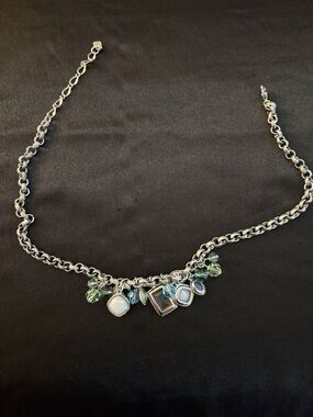 Swarovski Silver Charm Necklace with Blue, Green, and White Accents